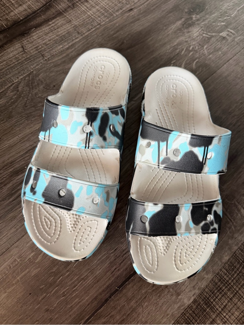 CROCS Blue, Black & White Camouflage Dual-Strap Slide Sandals